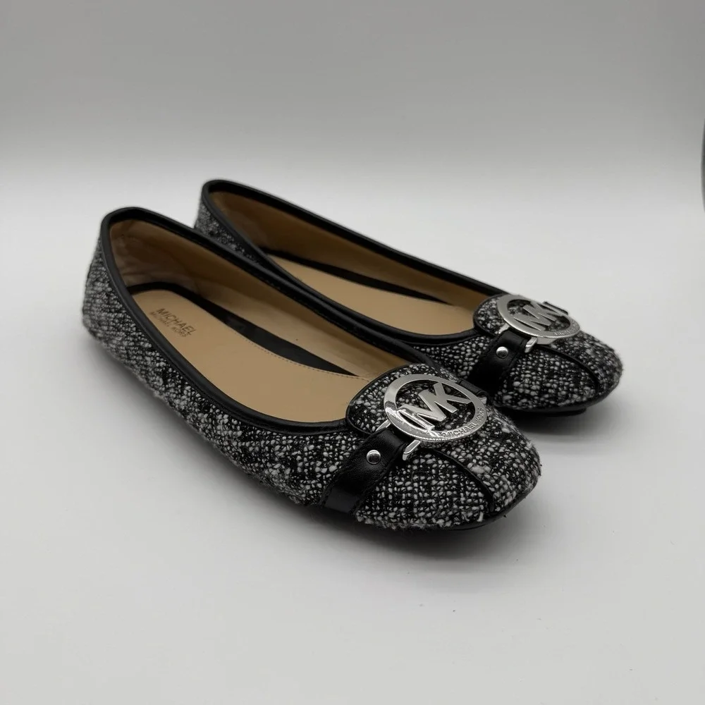 Michael Kors Women's Fulton Slip On Flats Balletcore Black White Tweed Logo 7.5